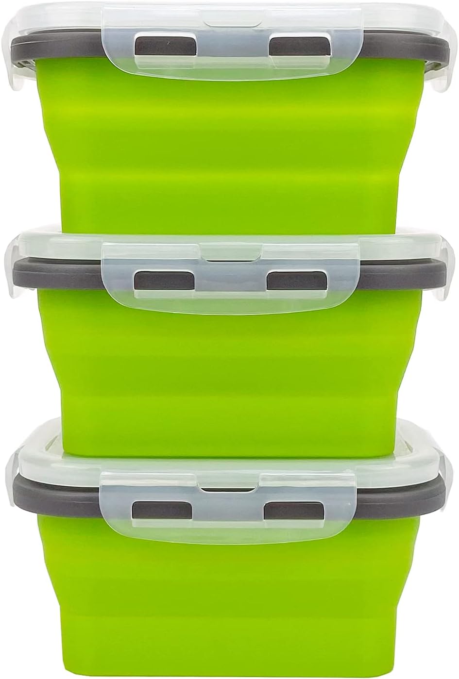 CCyanzi 3piece Collapsible Food Storage Containers with Lids, Silicone Lunch Container, Microwave & Freezer Safe, Space Saving for Kitchen Cabinet and Camping Backpack,(green gray)