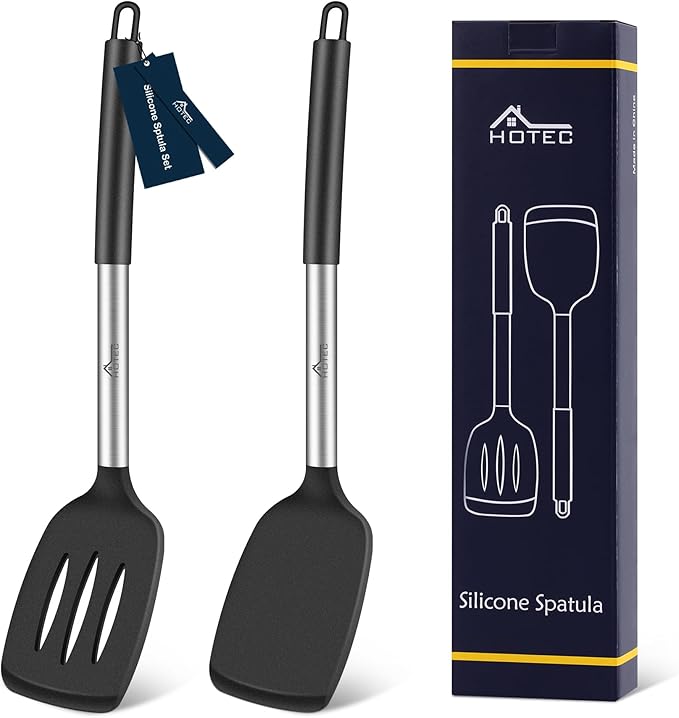 HOTEC Silicone Spatula Set of 2 Heat-Resistant 600°F & BPA-Free Kitchen SaptulaTurner with Stainless Steel Handles, Slotted & Solid Spatulas for Nonstick Cookware, 13.7 Inch, Black