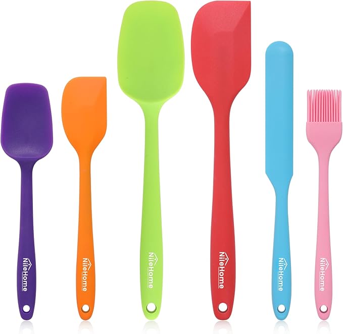 NileHome Silicone Spatula Set, 6 Pieces Food Grade Kitchen Utensils with Silicone Brush Heat Resistant Dishwasher Safe BPA-Free Rubber Spatula for Scraping, Baking, Cooking, Mixing-Multicolor