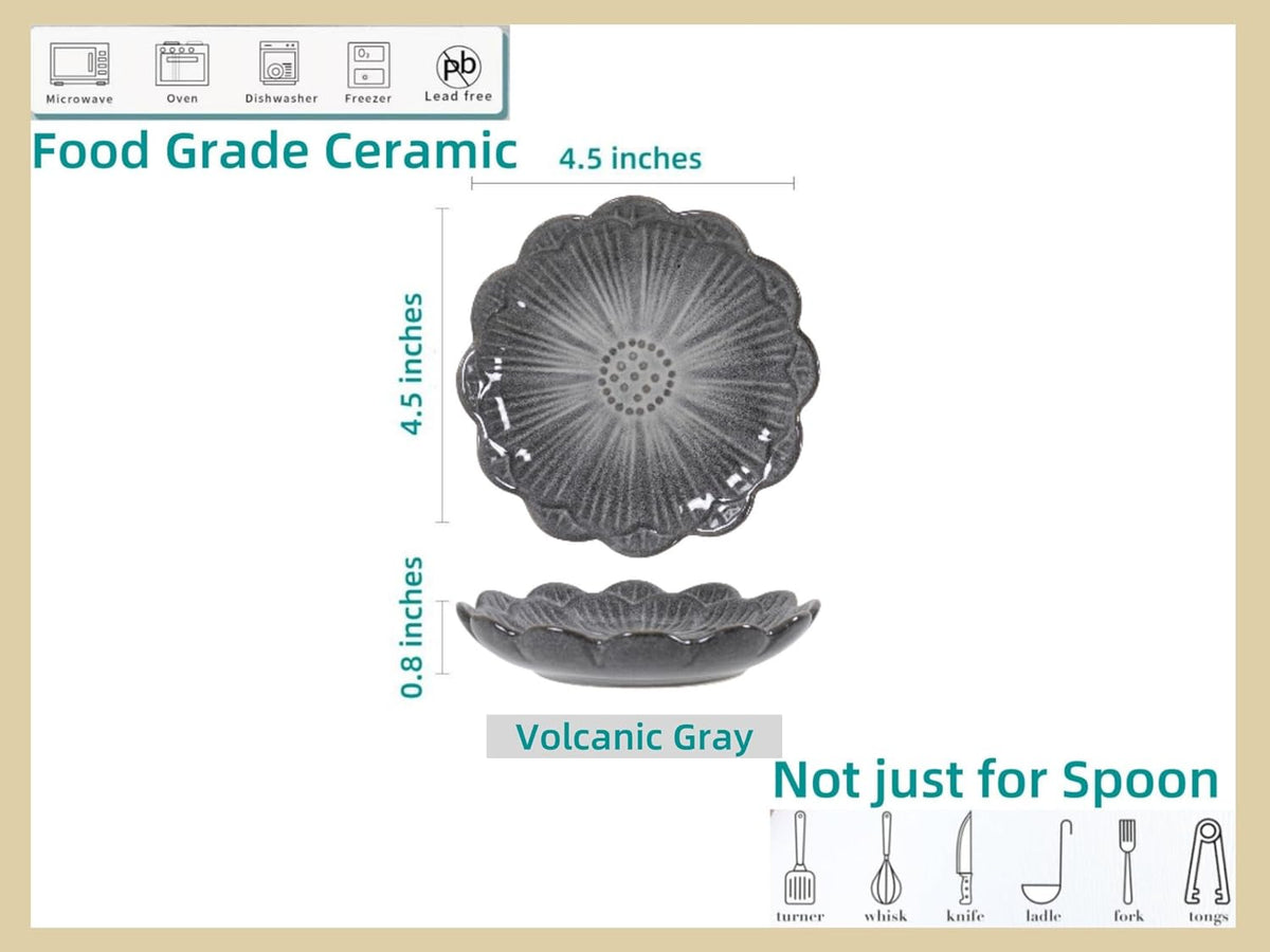 Ceramic Spoon Rest for Stove Top, Flower Cute Spoon Rest for Kitchen Counter, Cooking Spoon Holder for Kitchen Counter, Utensil Rest Spatula Rest Ladle Holder Tong Rest, 1 PC (Retro Volcanic Ash Gray)
