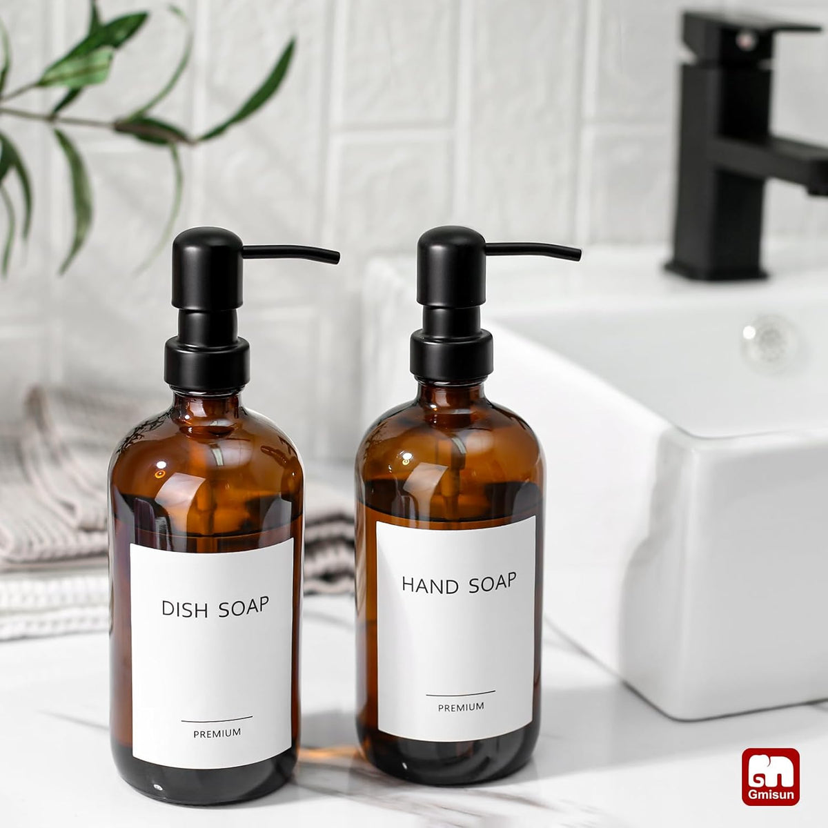 GMISUN Amber Glass Soap Dispenser, 2 Pack Bathroom Hand Soap Dispensers with Stainless Steel Pump, 17 Fl Oz Kitchen Hand and Dish Soap Dispenser Set, Modern Vintage Liquid Brown Soap Dispensers Bottle