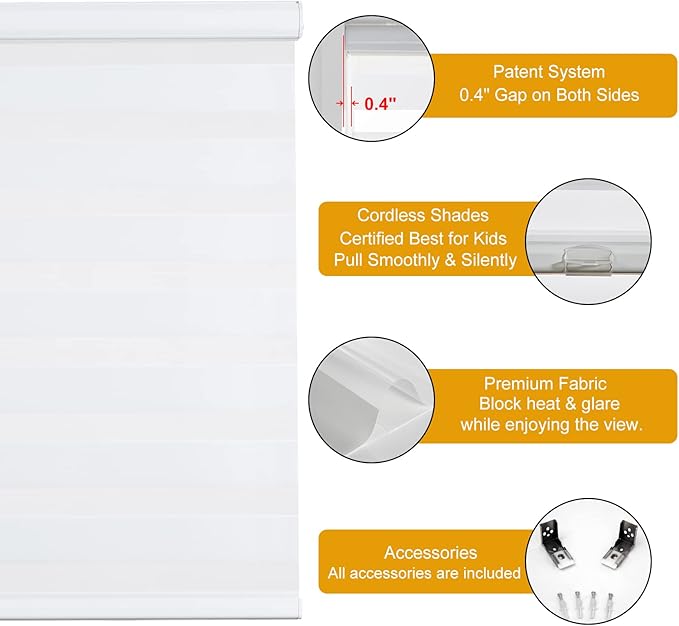 Persilux Cordless Zebra Blinds for Windows, Room Darkening Roller Shades for Windows (18" W x 64" H, White) Light Control for Day and Night Light Filtering Sheer Shades for Home and Bedroom