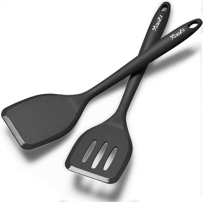Silicone Spatula Turner Set, High Heat Resistant Spatulas with Seamless One Piece Design, Nonstick Rubber Flippers Utensils for Baking & Cooking,BPA-Free, Black,11 IN