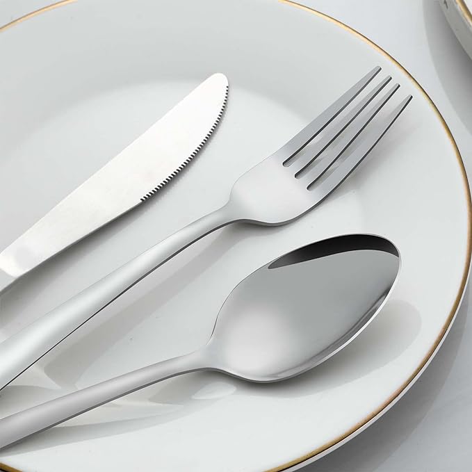 24 Pcs Forks and Spoons Silverware Set, Food Grade Stainless Steel Flatware Cutlery Set for Home, Kitchen and Restaurant, 12 Dinner Forks and Dinner Spoons, Mirror Polished & Dishwasher Safe