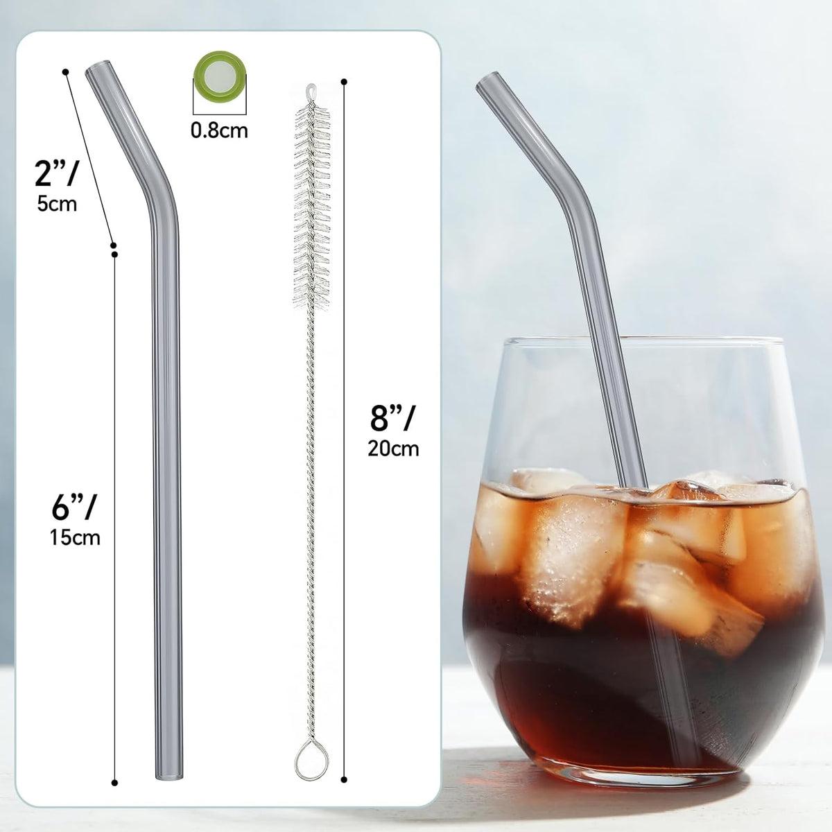 12 Pcs Reusable Glass Straws 8"x 8 mm Bent Glass Drinking Straws with Cleaning Brush for Tea, Smoothies, Milkshakes, Juices,Beverages(smoky gray)