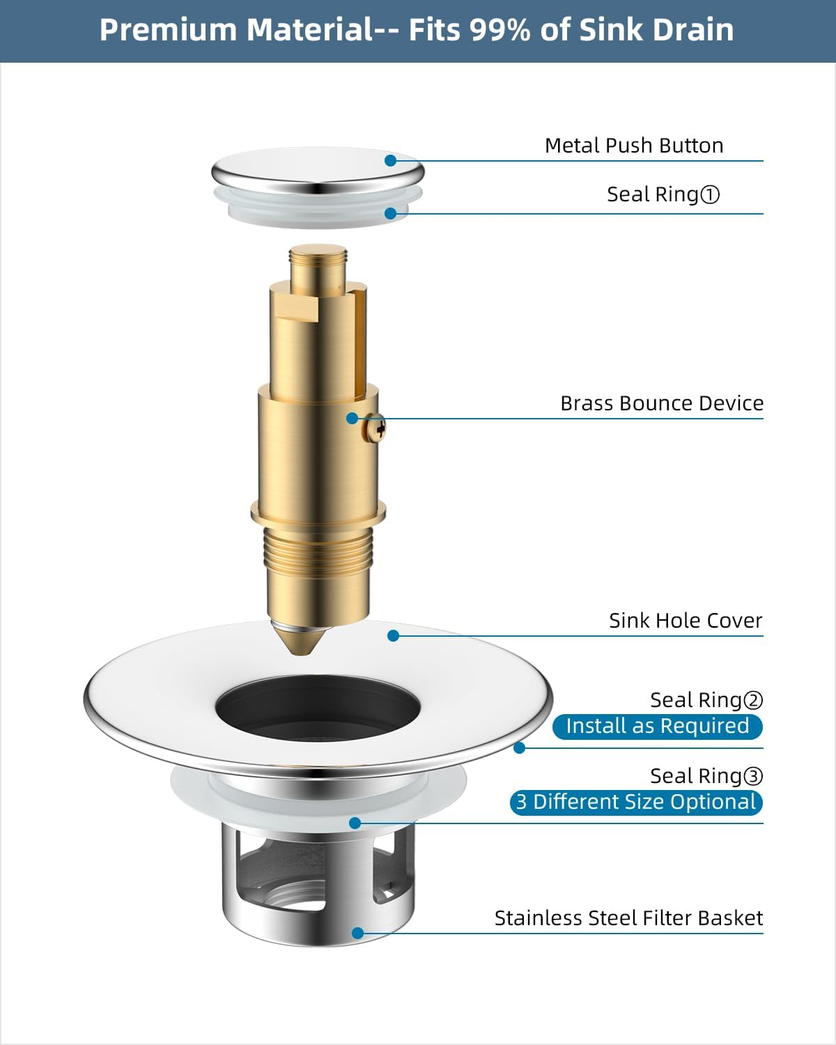 Hibbent All Metal Universal Bathroom Sink Stopper for 1.1''~2.3'' Basin, Pop Up Sink Drain Strainer, Brass Bullet Core Push Type Stopper, Stainless Steel Anti Clogging Drain Filter, Chrome