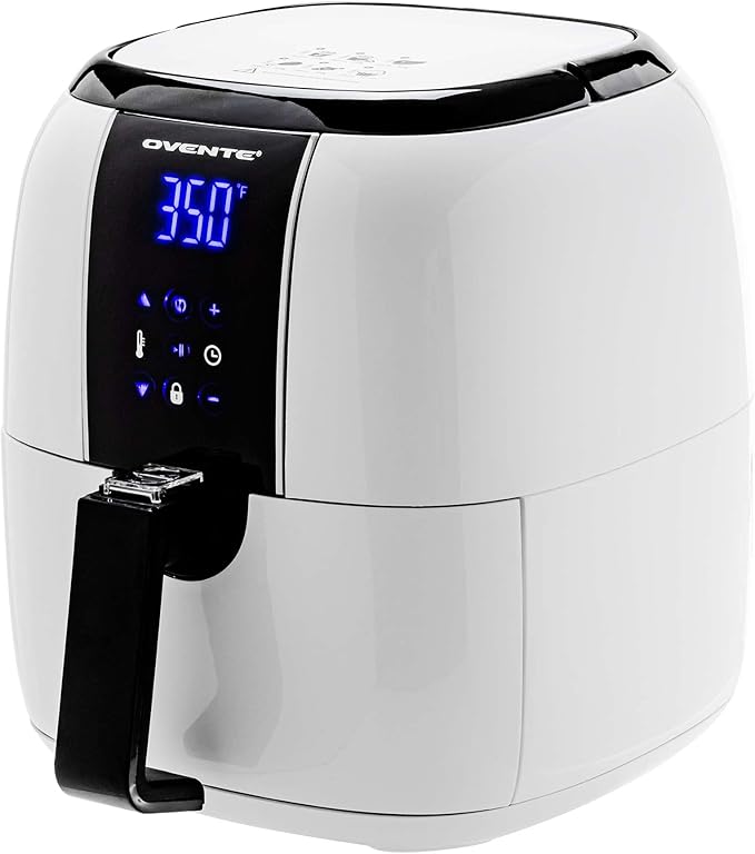 OVENTE Compact Air Fryer, 3.2 Quart Electric Hot Cooker with 1400W Power, Digital LED Touch Screen, Auto Shutoff, Dishwasher Safe Non-Stick Basket, Perfect for Healthy & Oilless Food, White FAD61302W