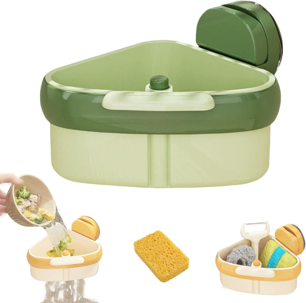 Suction Cup Sink Corner Rack, 2025 Upgraded Automatic Dumping Sink Strainer Basket, Suction Cup Press Sink Drainer Basket, No Drilling Corner Sink Strainer for Food Waste (Green, 1Pc)