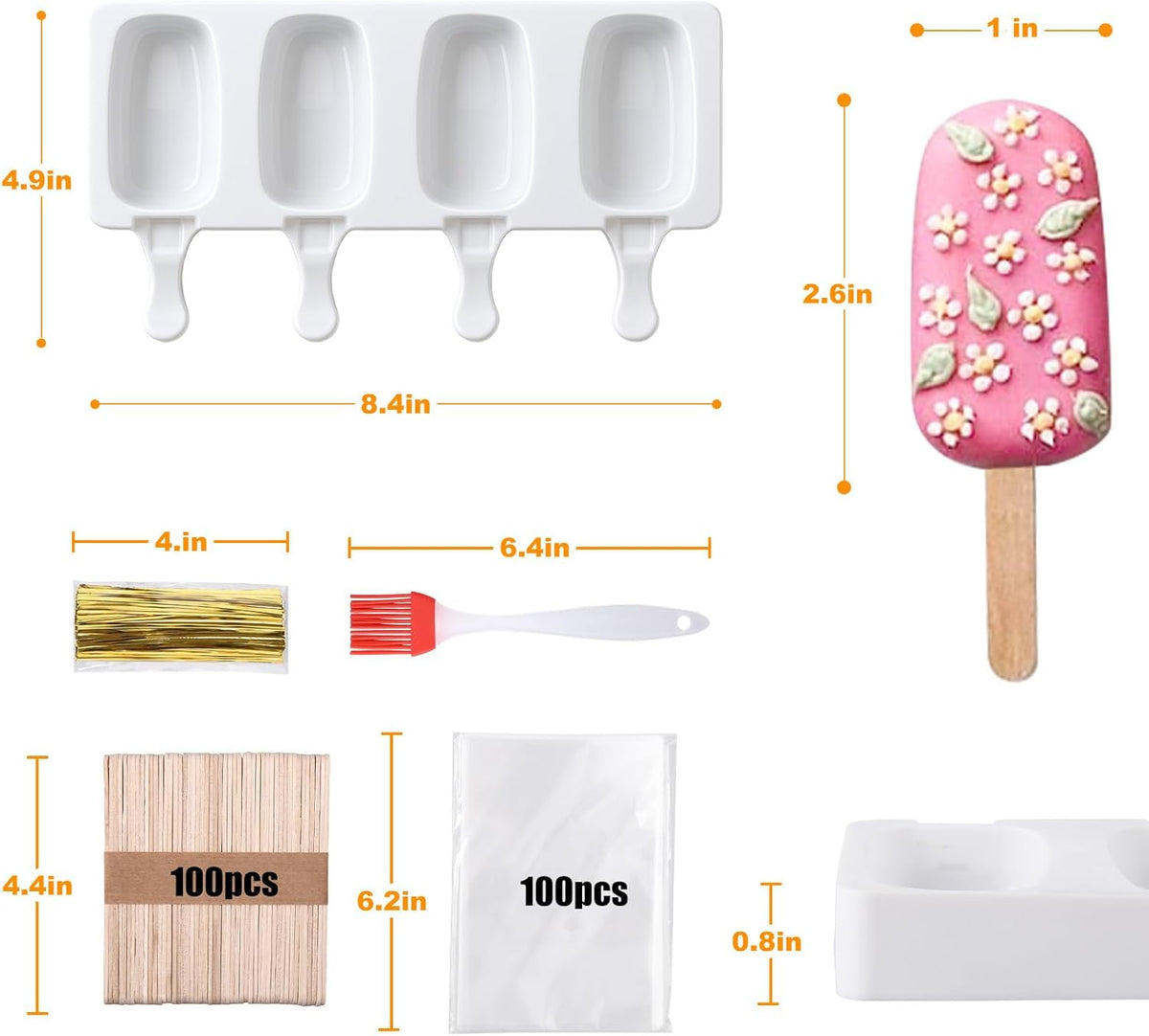 Juome Cake Pop Mold Kit, 8 Cavities Small Cakesicle Molds Silicone with 100 Wooden Sticks & 100 Packaging Bags with Ties, Cake Pop Maker Supplies Accessories, Baking Tools for Home Baking Desserts