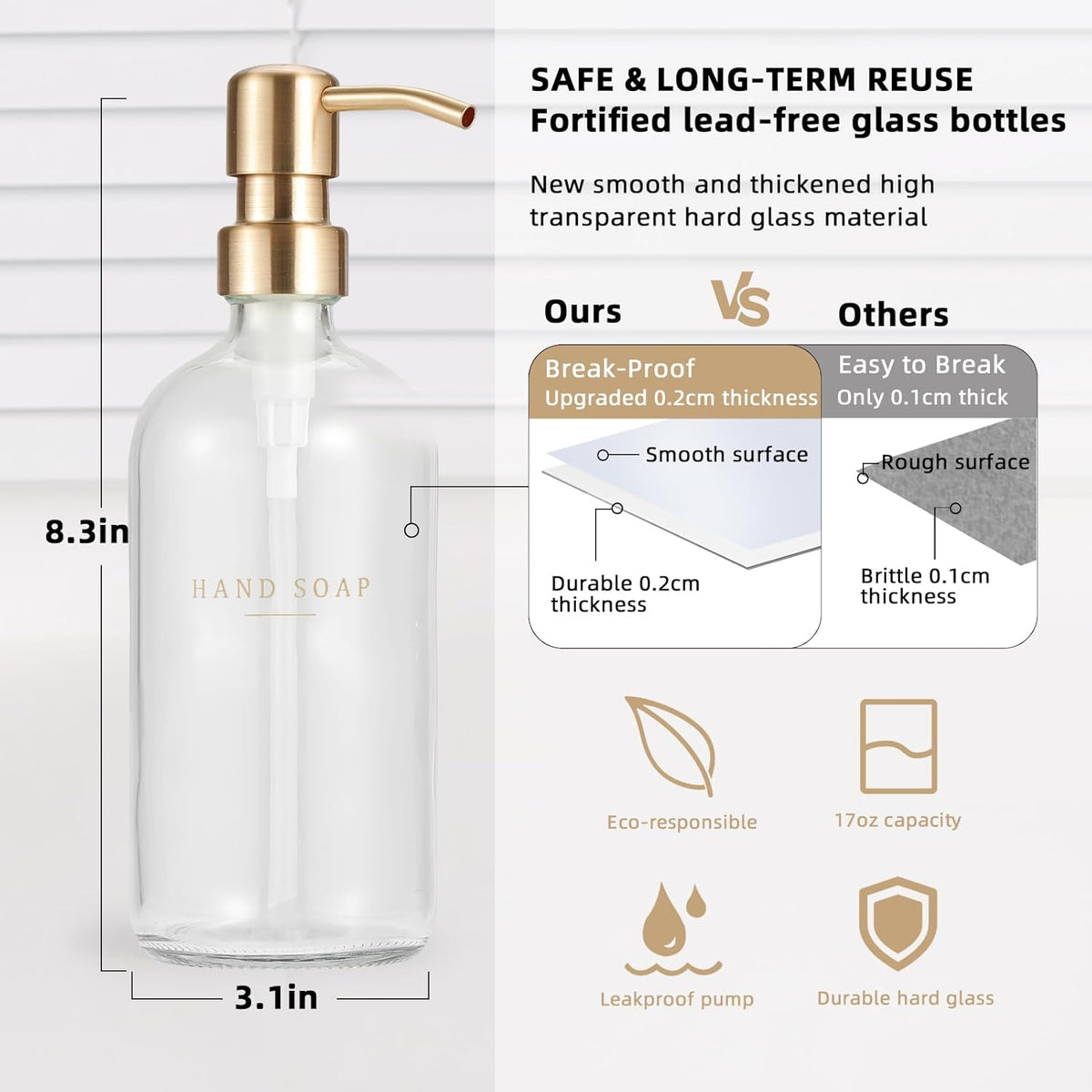 Glass Soap Dispenser - Dish Hand Soap Dispenser Set for Kitchen, Bathroom Soap Lotion Dispenser with 304 Rust Proof Pump, Tray, Clear Bottle/Gold Pump