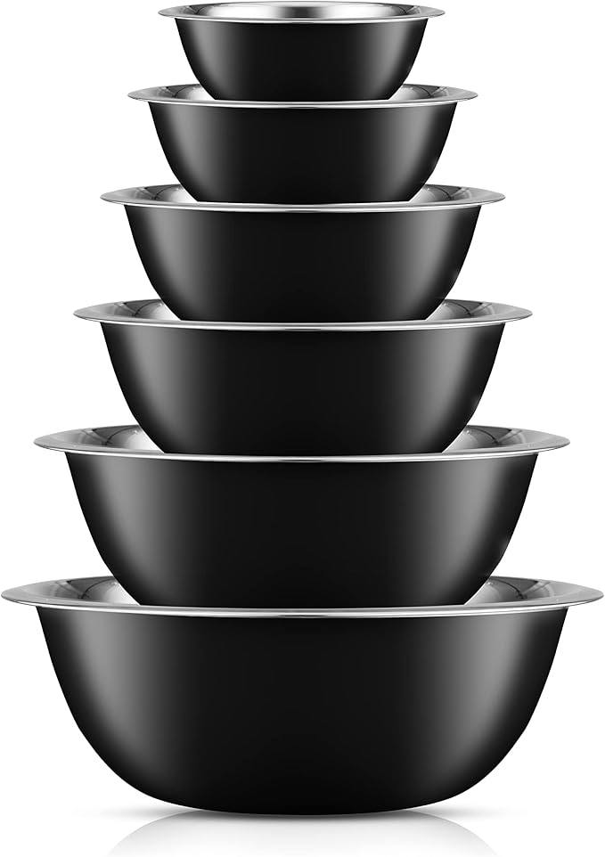 JoyJolt Stainless Steel Mixing Bowl Set - 6 Piece Nesting Bowls, 5qt to 0.5qt, Black, Perfect for Dough, Batter & Baking