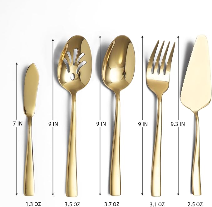 Large Hostess Serving Utensils Set, Stainless Steel Heavy Duty Serving spoons, Slotted Spoons, Serving Fork, Cake Server, Butter Knife, Dishwasher Safe (Gold)