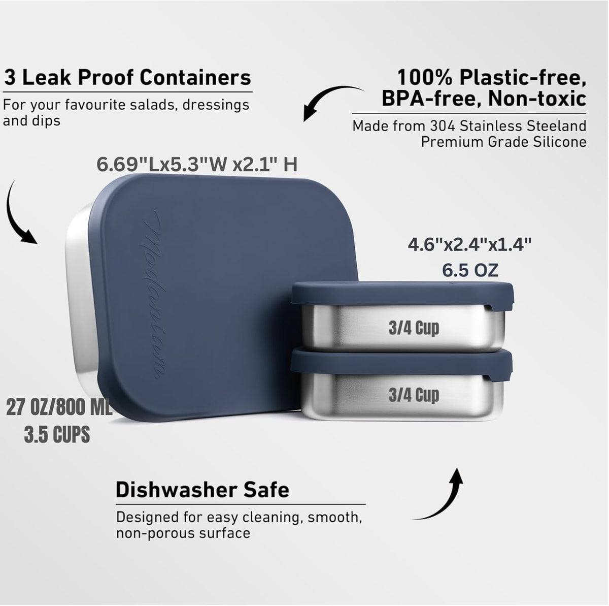 Flexibento - Leak proof Stainless Steel Lunch Box | Lunch Containers with Lids | Steel Bento Box | Meal prep| Snack Containers |Metal lunch Box (Midnight -3PC set (1 * 27 oz + 2 * 6.5oz))