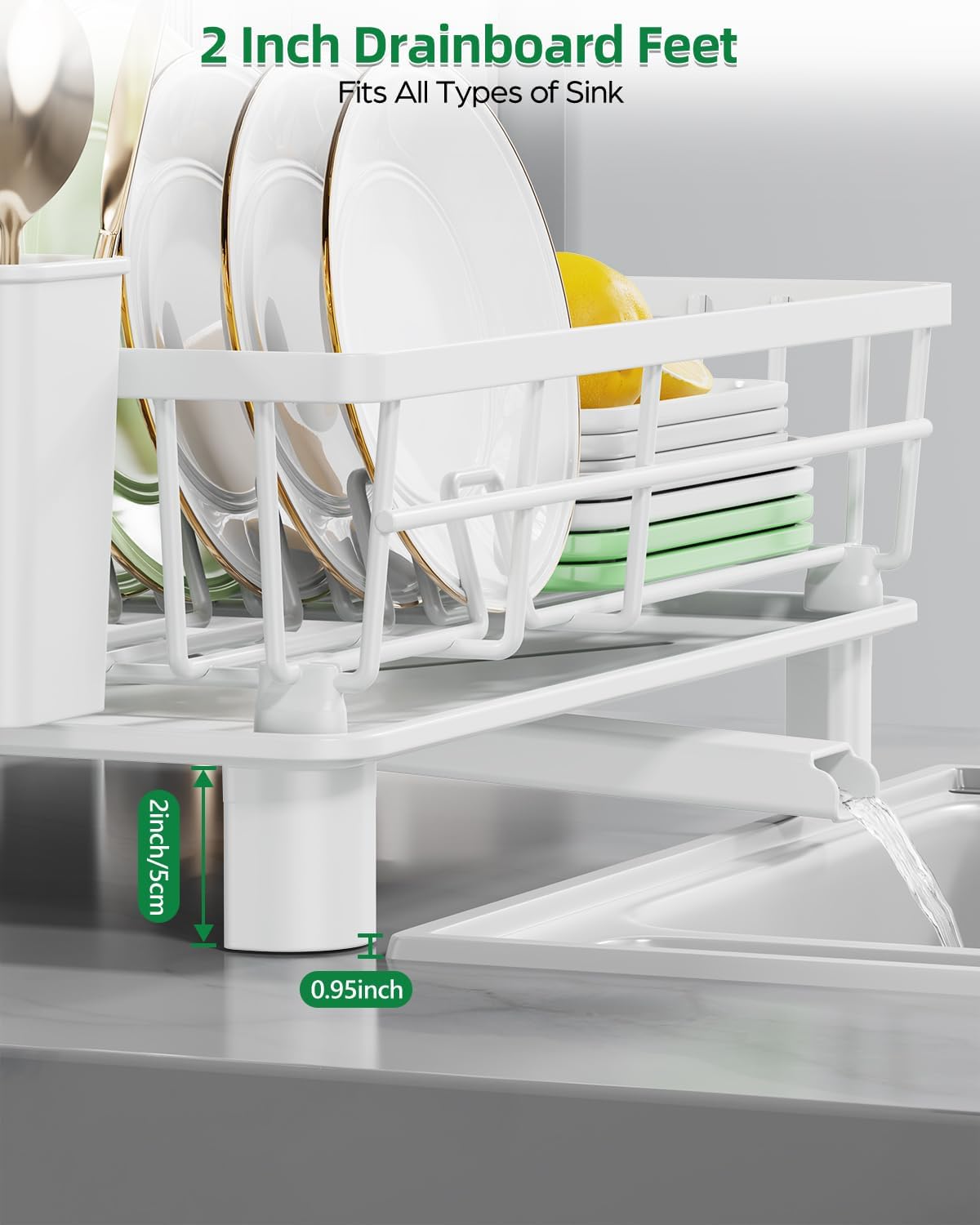 Dish Drying Rack for Kitchen Counter, Stainless Steel Drainer Anti Rust, Smart Drainage System Drainboard with Detachable Cutlery Holder, Handwash Dish Helper for Home, Apartment Space Saving