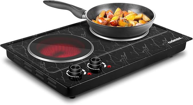 Hot Plate, CUSIMAX Double Burner Electric Hot Plate for Cooking, 1800W Dual Control Portable Stove Countertop Electric Burner Infrared Cooktop, Stainless Steel Black Marble