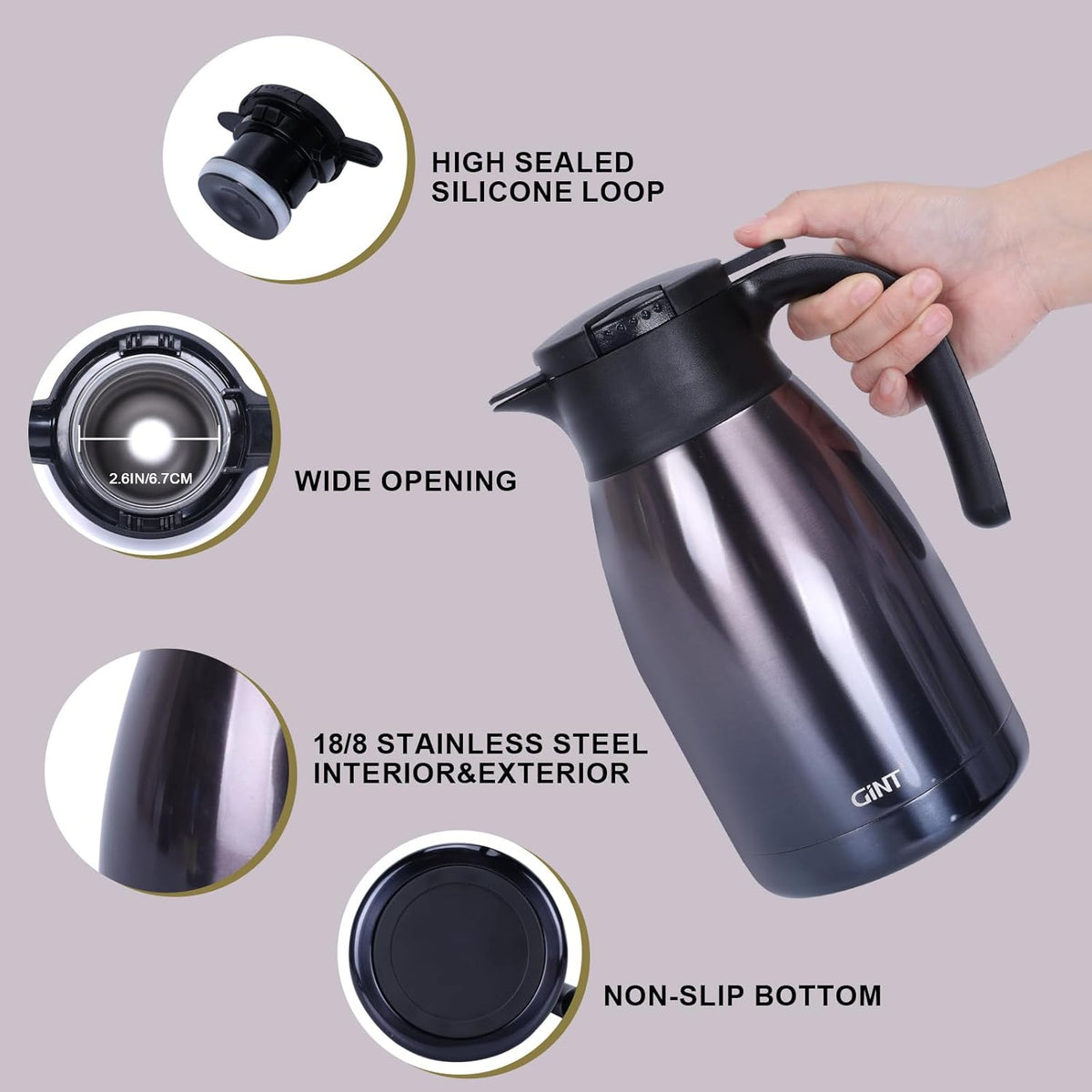 GiNT 51Oz Stainless Steel Thermal Coffee Carafe with Lid/Double Walled Vacuum Thermal Carafe / 12 Hour Heat Retention (Purple, 1.5L)