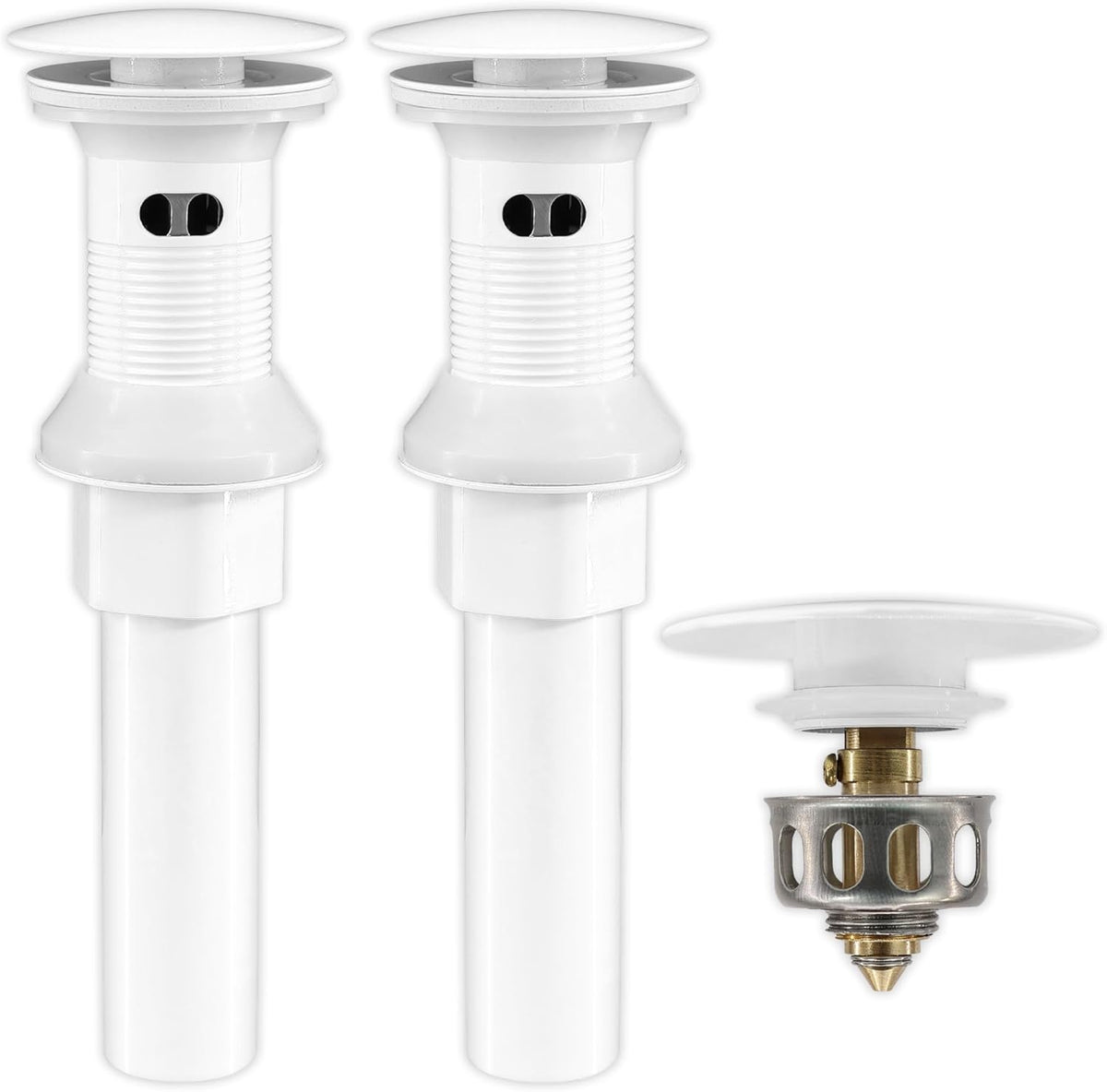 Bathroom Sink Drain,2 Pack White Drain Stopper Bathroom Sink With Overflow,Pop Up Drain Assembly with Detachable Strainer Basket,Built-in Anti-Clogging, Stainless Steel Nut