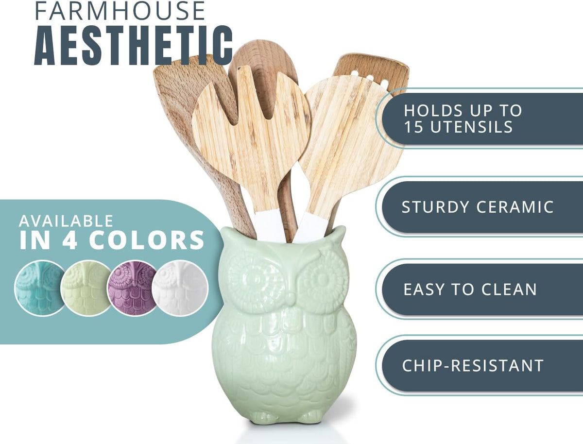 Comfify Owl Utensil Holder Decorative Ceramic Cookware Crock & Organizer, in Lovely Green Color - Utensil Caddy and Perfect Kitchen Ceramic Decor Gift - 5” x 7” x 4” Size