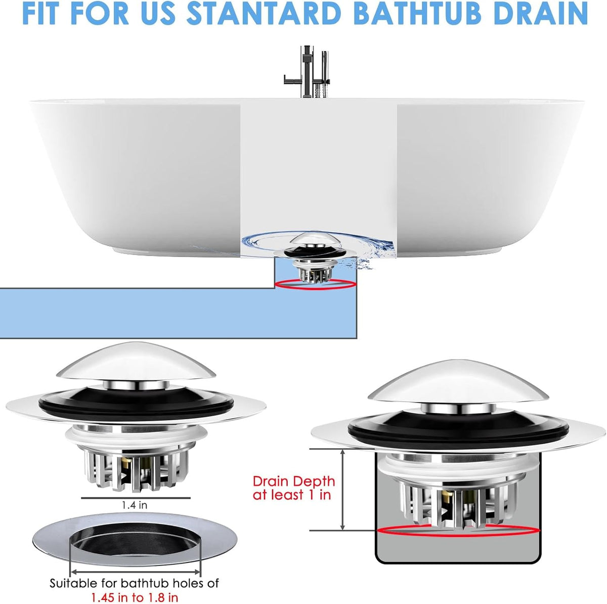 Bathtub Drain Stopper, Pop Up Tub Drain Hair Catcher, Bath Tub Drain Plug and Cover for 1.45-1.8in Drain Hole, Replaces Lift and Turn, Tip Toe or Trip Lever, Silver