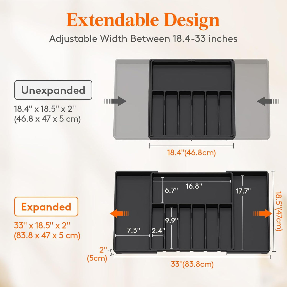 Lifewit Silverware Drawer Organizer, Expandable from 18.7 to 33 inches, Adjustable Utensil Tray for Kitchen, Large Cutlery Holder, Plastic Flatware Storage for Spoons Forks Knives, Black