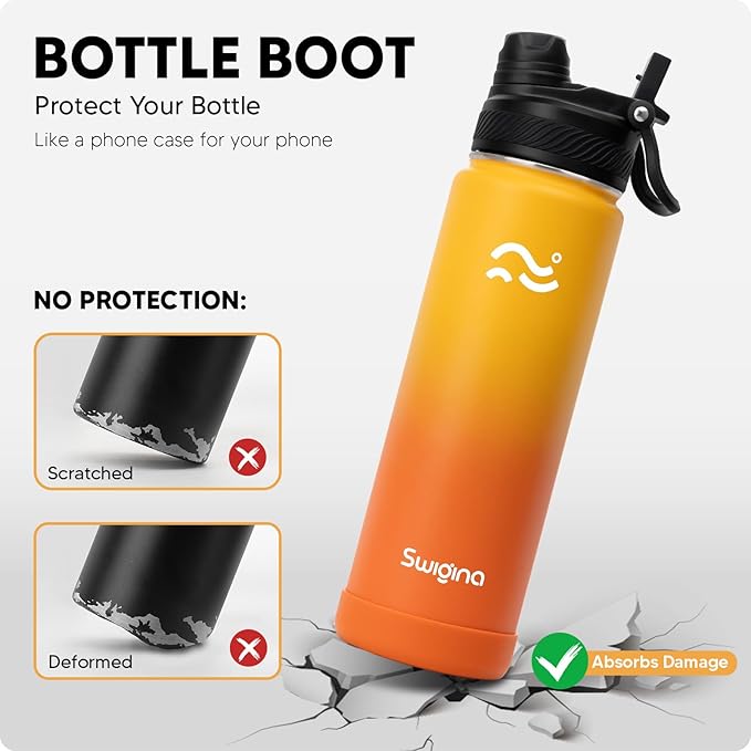 Swigina [2-IN-1 LID] Insulated Water Bottle with Silicone Boot (36hrs Cold/18hrs Hot) - DIY Stickers, Leakproof, BPA Free, 24 oz