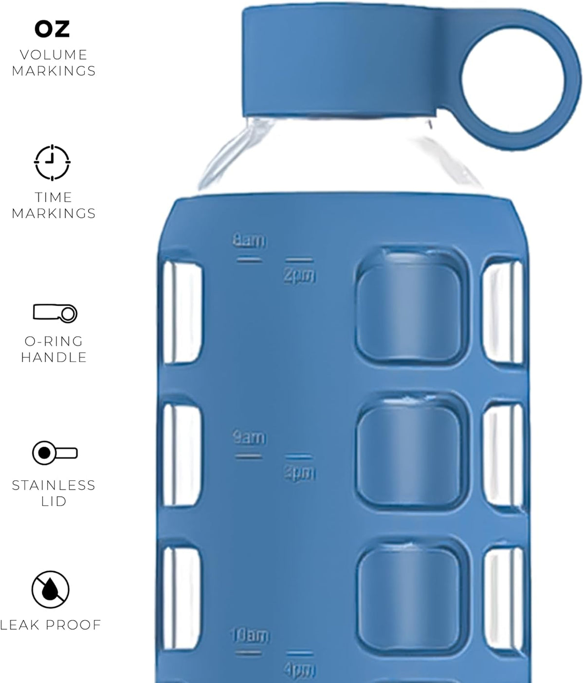 purifyou Premium 40/32 / 22/12 oz Glass Water Bottles with Times to Drink and Volume, Silicone Sleeve & Stainless Steel Lid Insert, Reusable for Fridge Water, Fruit Juice (32oz Chinese Porcelain)