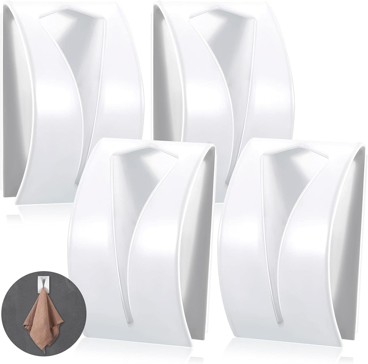 Boao 4 Pcs Self Adhesive Towel Hook Holder Grabber Stainless Steel Kitchen Dish Towel Hook Wall Mount Non Drilling Hangers Rack Hand Tea Holders for Bathroom Accesories Kitchen Gadgets(White)