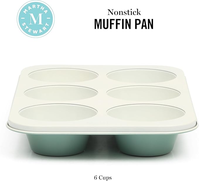 Martha Stewart Gallen 6 Cup Nonstick Carbon Steel Muffin and Cupcake Pan - Teal Durable Bakeware for Muffins, Cupcakes & Mini Cakes