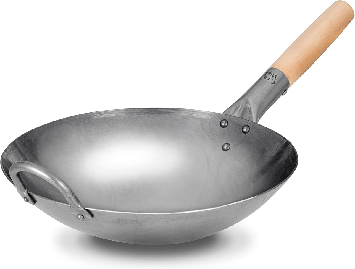 Craft Wok Traditional Hand Hammered Chinese Carbon Steel Wok with Wooden and Steel Helper Handle (12 Inch, Round Bottom Pow Wok Pan) / 731W88-12in