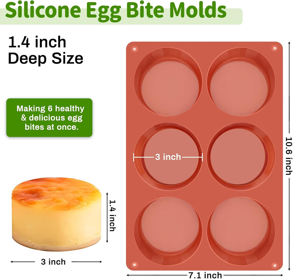 JOERSH 2-PK Silicone Egg Bite Molds Deep 3 Inch Frittata Baking Pans, Non-Stick Round Silicone Molds for Egg Breakfast Sandwich, English Muffin, Cheesecake, Dinner Rolls