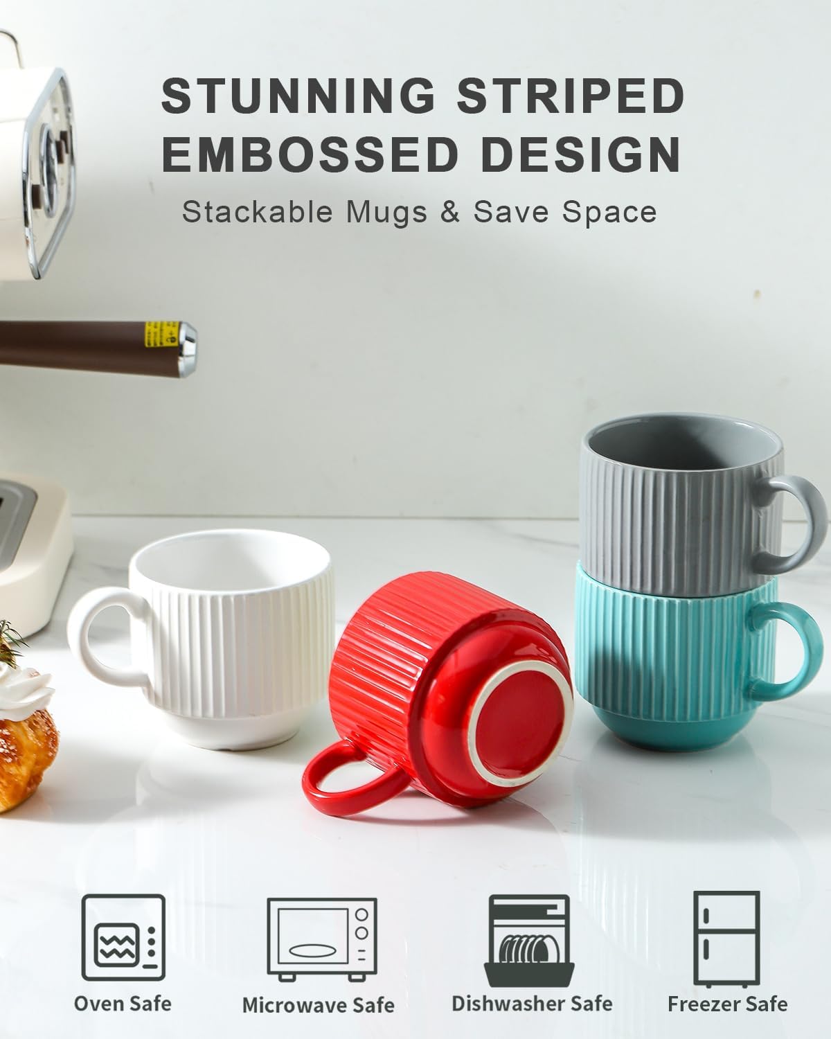 Hasense Ceramic Coffee Mug Set of 4 with Rack - 15 oz Stacking Ribbed Latte Cups Set for Cappuccino, Tea, Hot Cocoa, Drinks - Wedding & Housewarming Gifts Assorted Colors