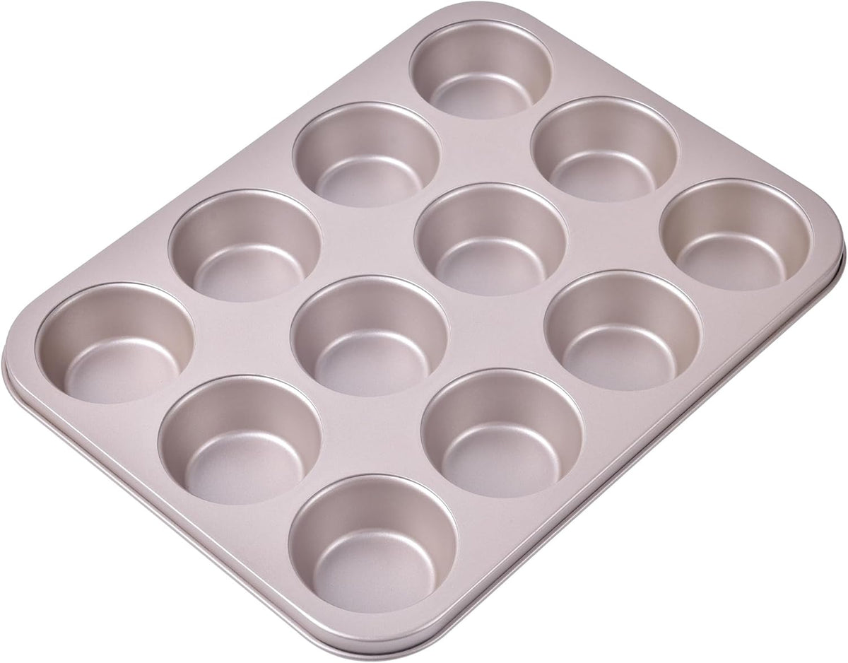 Muffin Cake Pan, 12-Cavity Non-Stick Cupcake Pan Bakeware for Oven Baking (Champagne Gold)