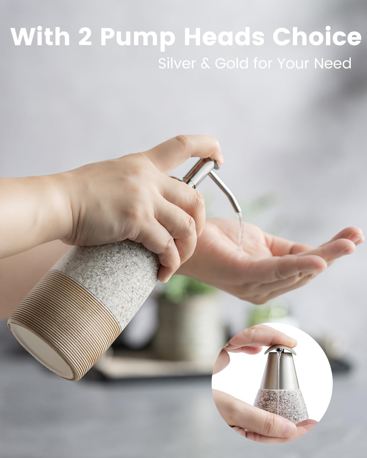 Ceramic Soap Dispenser with 2 Pumps, 12 oz Refillable Liquid Hand Soap Dispenser for Shampoo, Bathroom & Kitchen, Includes Silicone Funnel, Plastic and Stainless Steel Pump, Granite Grey
