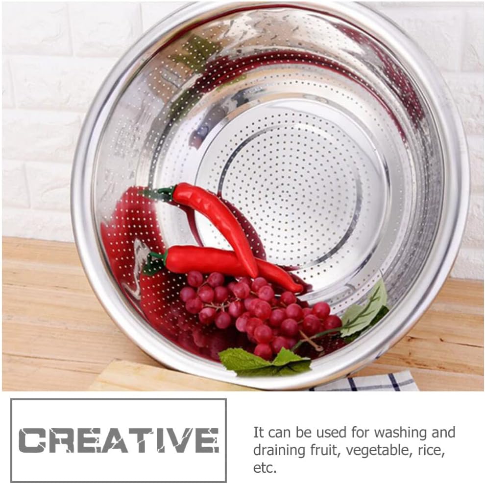 Hemoton Stainless Steel Rice Washer Bowl and Strainer Colander for Kitchen Use Multipurpose Fruit Vegetable Washing Basket 8.66 Inch Diameter