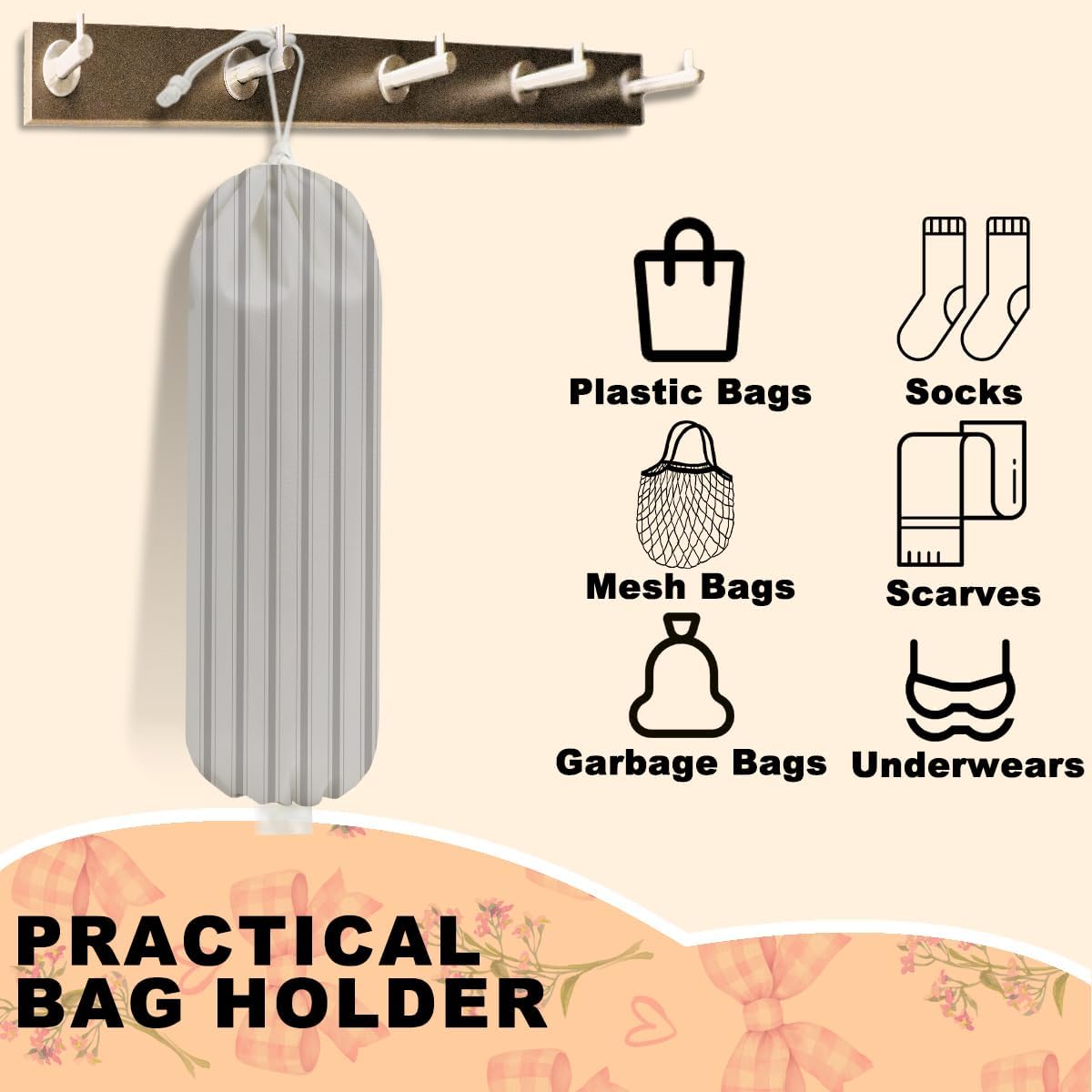 Minimalist Stripe Plastic Bag Holder, Wall Mount Grocery Bag Holder for Plastic Bags, Light Brown Line Reusable Organizer Grocery Bags with Drawstring, Housewarming Gifts for Women Mom