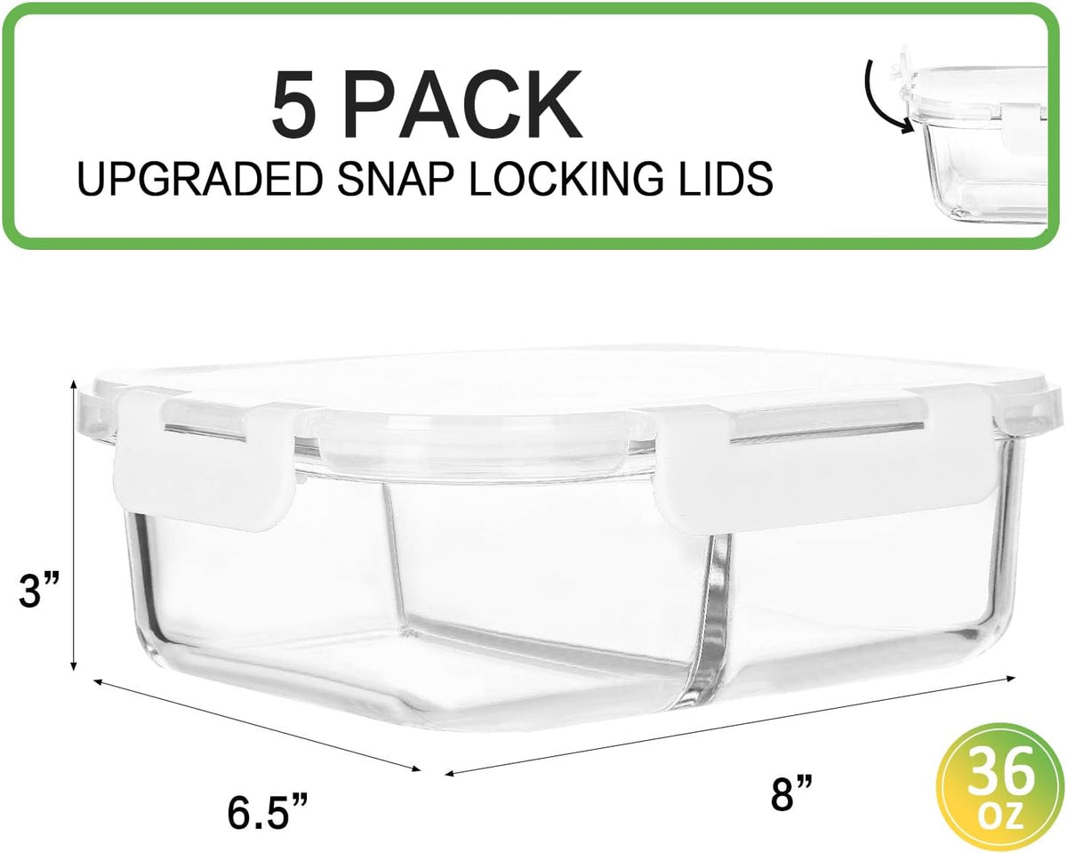 [5-Pack,36 Oz]Glass Meal Prep Containers 2 Compartments Portion Control with Upgraded Snap Locking Lids Glass Food Storage Containers, Microwave, Oven, Freezer and Dishwasher (4.5 Cups, White)