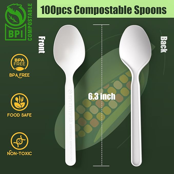 Gezond 100% Compostable Spoons 100 Count, No Plastic Biodegradable PLA Disposable Spoons Eco Friendly Heavy Duty Cutlery Suitable for Party Picnic Office Everyday Use