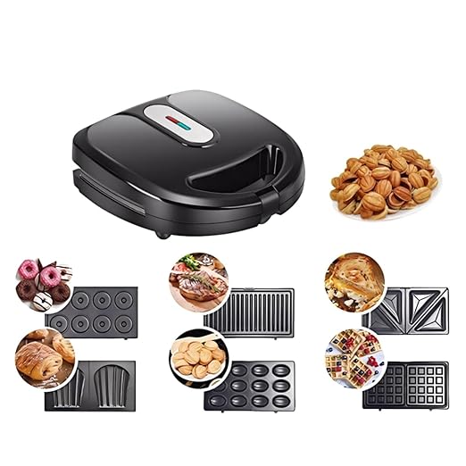 Waffle Maker 6 in 1, Walnut Cookie Maker, Panini Press Grill and Sandwich Maker, Donut Maker with Removable Non-Stick Plate