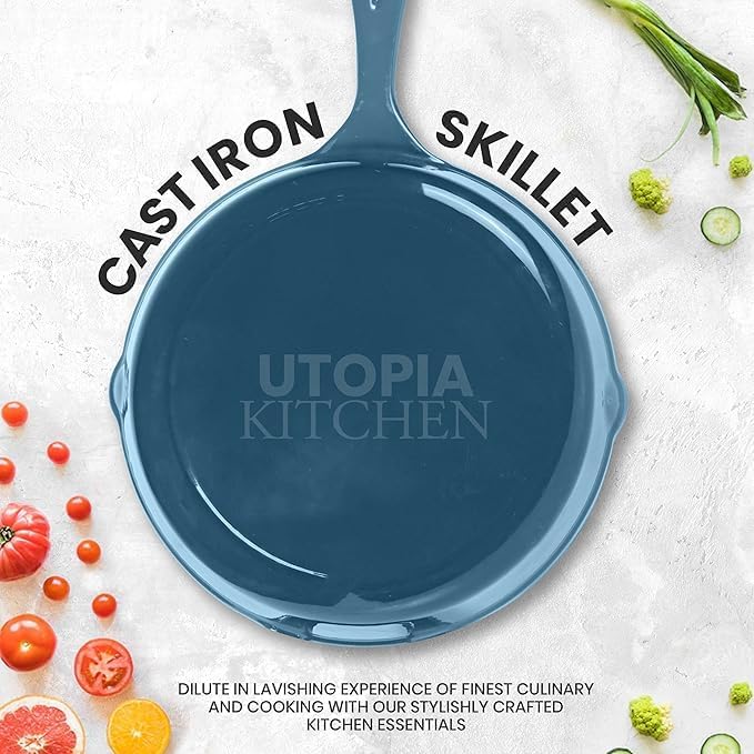 Utopia Kitchen Saute Frying Pan 3 Piece Set, Cast Iron Chefs Pan, Pre Seasoned Cast iron Skillets, 6, 8 & 10 Inches, Easy Use in the Oven, Stove, Grill, or Campfire, Teal