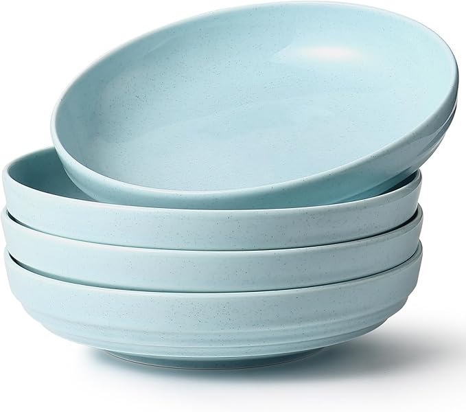 HAPPY KIT Stoneware Pasta Bowl Set of 4, 9'' Large Salad Bowls,42 Oz, Reactive Glaze Serving Bowls, Microwave Dishwasher Safe, Ocean Current Blue