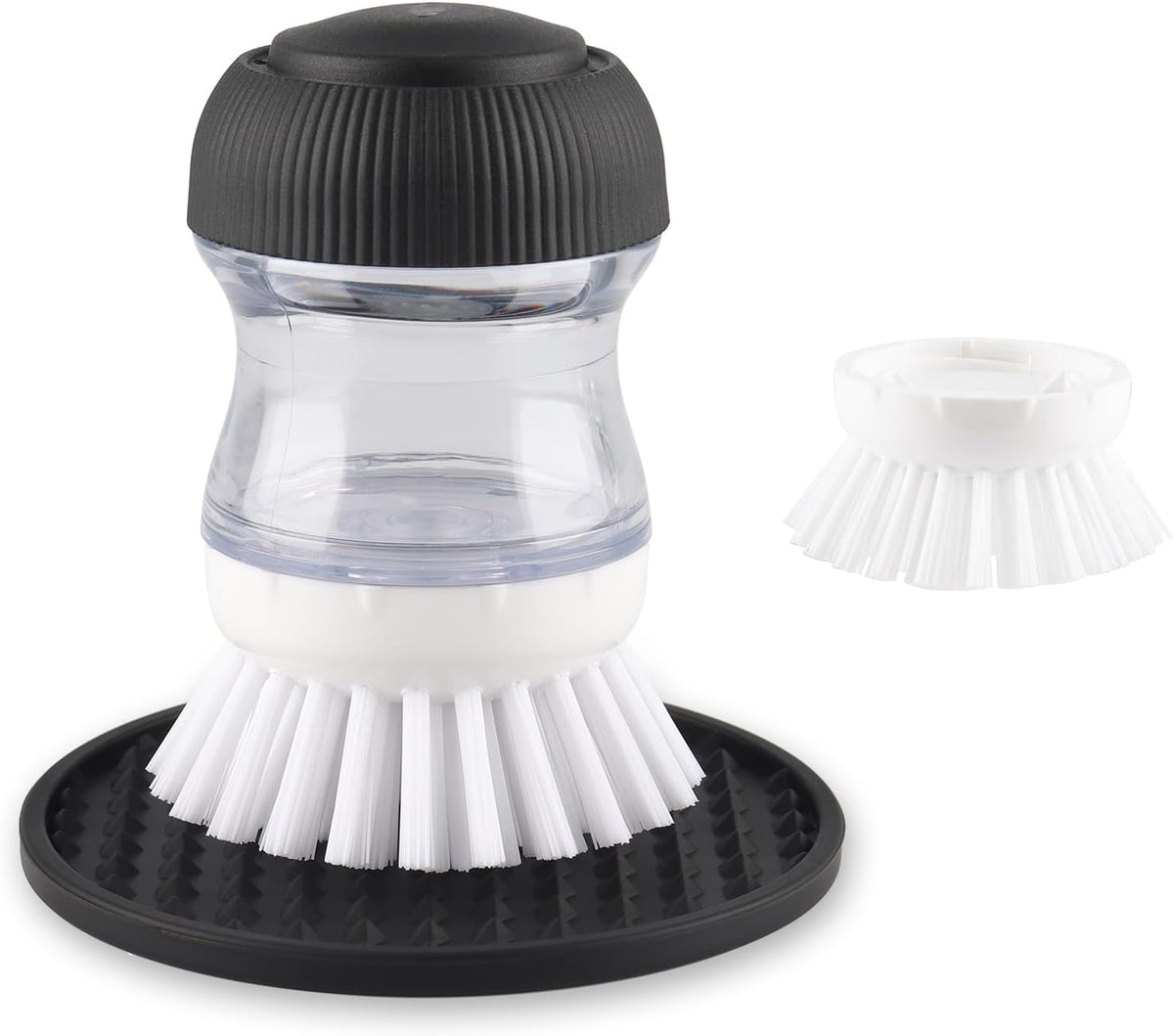 Soap Dispensing Palm Brush, Dish Brush Set with Silicone Drip Tray and One Refill, Kitchen Dish Scrub Brush for Cleaning Pots, Pans, Sinks