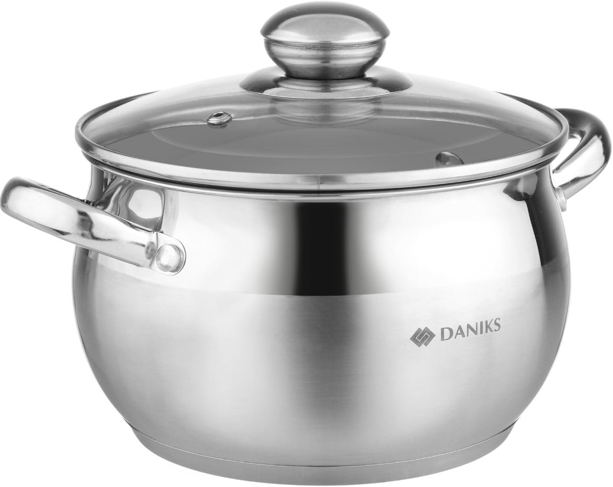 Daniks Classic Stainless Steel Stock Pot with Glass Lid – Induction 3 Quart, Dishwasher Safe, Measuring Scale, For Soup, Pasta, Stew, Silver