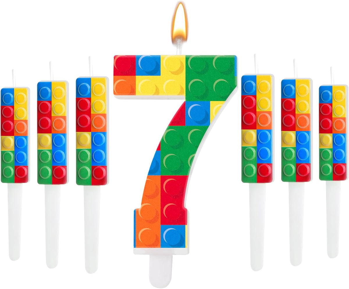 7 Pcs Building Block Themed Birthday Candles Set Building Blocks Number 7 Candle Cake Topper for Building Block Party Decoration Supplies (Number 7)