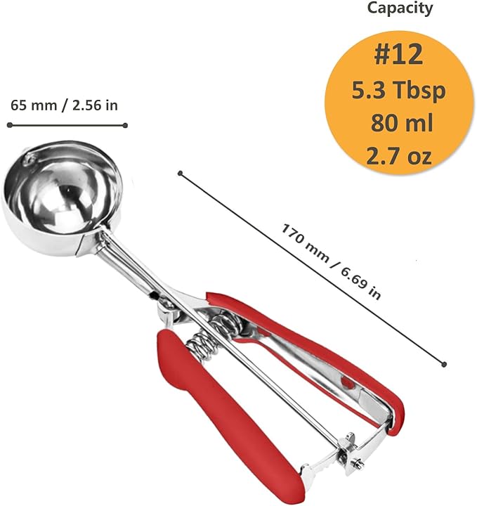 Red Cookie Dough Scoop - 5.3 Tbsp/ 80 ml/ 2.7 oz Stainless Steel Ice Cream Scooper with Trigger Release