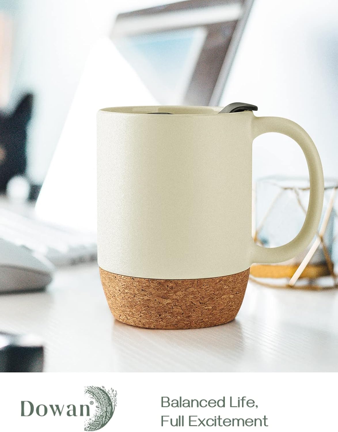 DOWAN Coffee Mugs Set of 2, 15 OZ Ceramic Mug with Cork Bottom and Splash Proof Lid, Large Coffee Cup with Handle for Tea Latte, Beige