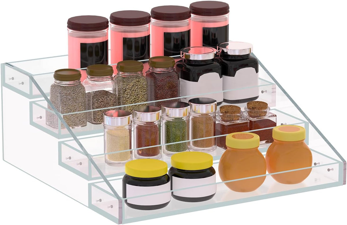 PMMASTO Widen Tiered Spice Rack, Seasoning Organizer, Clear Acrylic Vertical Shelves Can Organizer for Countertop, Cabinet, Pantry, Kitchen Organization and Storage - 4 Tier
