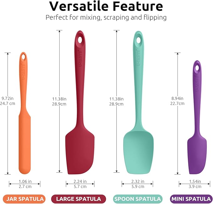 High Heat Resistant Silicone Spatula: U-Taste 600ºF Hot-Proof Food Grade Rubber Kitchen Baking Scraper, Flexible and Sturdy Cooking Utensil for Mixing Scraping in NonStick Cookware (4PCS, Multicolors)