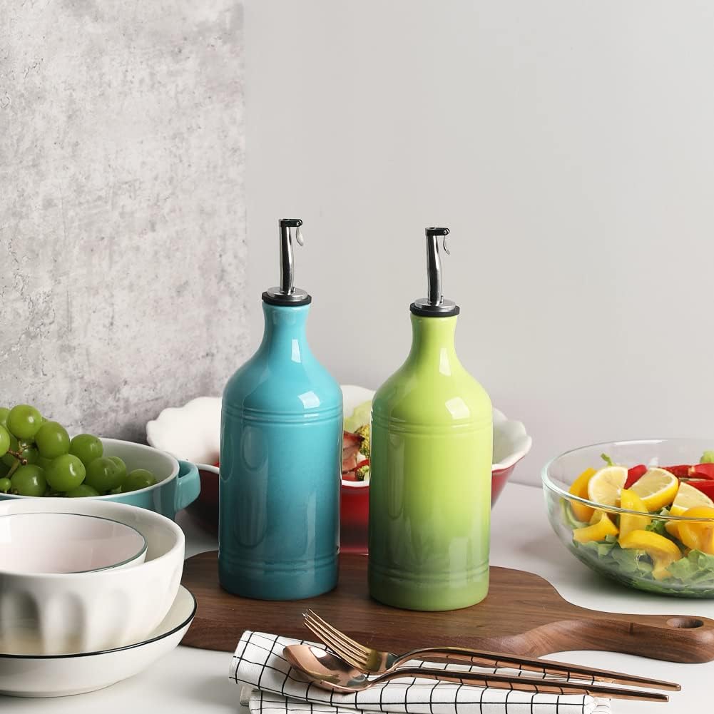 Sweejar Ceramic Olive Oil Dispenser Bottle, Opaque Oil Cruet Protects Oil to Reduce Oxidation, Suitable for Oil, Vinegar, Coffee Syrups & Other Liquids, Pack of 1, 15.5 Fl Oz (Gradient Green)
