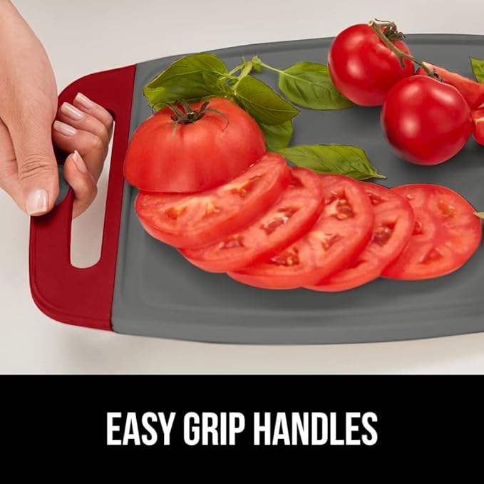 GORILLA GRIP BPA-Free Reversible Kitchen Cutting Board Set of 3, US Designed, Nonporous, Juice Grooves Catch Liquid, Slip Resistant Border, Dishwasher Safe, Durable Large Food Chopping Boards Red Gray