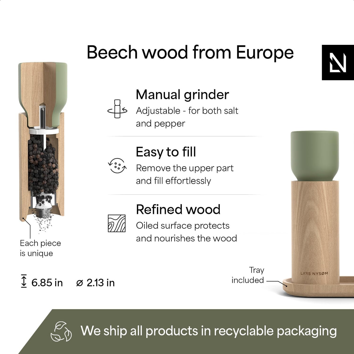 LARS NYSØM Wooden Salt and Pepper Grinder Set Manual with Tray - Salt and Pepper Mills with Adjustable Ceramic Grinder - Elegant Beechwood Pepper and Salt Mill Set for Dining Table (Sage Green)